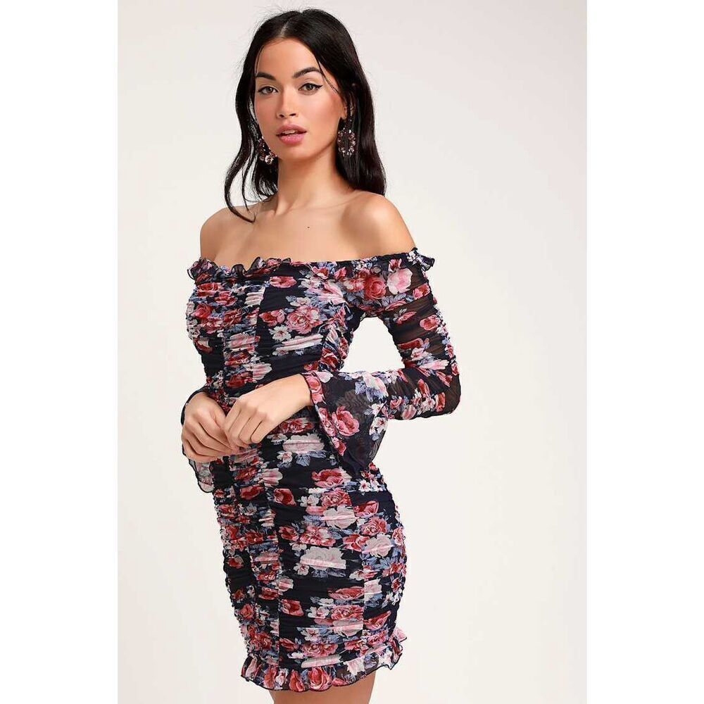 Lulus large Ruche Hour Navy Blue Floral Print Ruched Off-the-Shoulder Dress - Picture 2 of 8